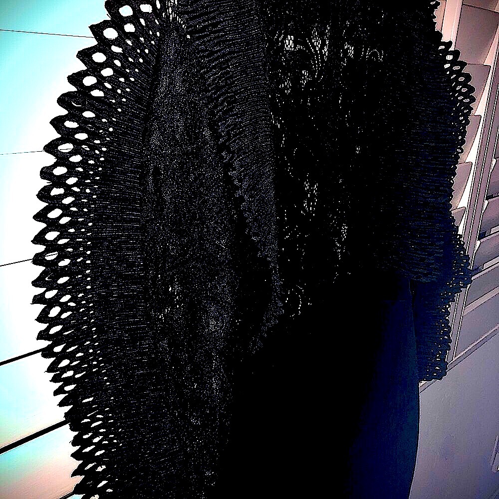 Womens sexy black lace insert dress with filigree lace sleeves.